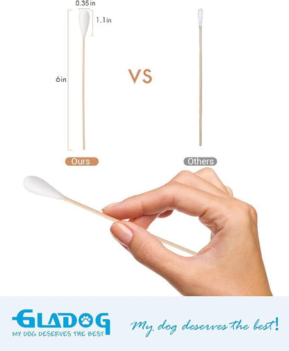 GLADOG 6 Inch Professional Large Cotton Buds for Dogs, Specially Designed Dog Cotton Buds with Bamboo Handle, Large Means Safe