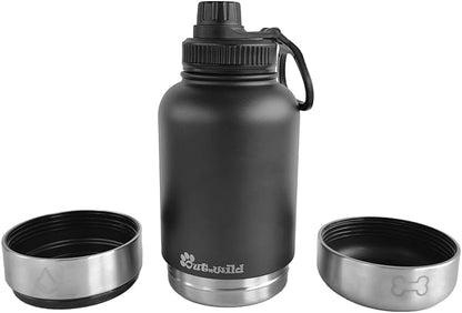 OUT 'N WILD Portable Dog Insulated Water Bottle & Bowls - All-in-One Travel Accessories Pet Food & Liquids for Car, Hiking, Camping - Leak-Proof, Double Walled - 32 oz, 2 Dog Bowls, Black