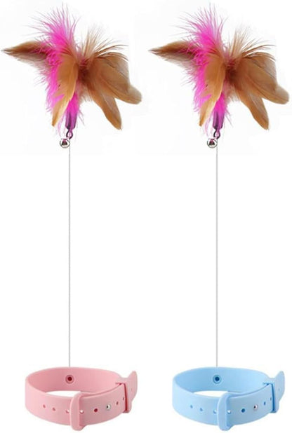 Cat Collar Funny Cat Stick,Interactive Cat Feather Toys with Bell,Cat Teaser Collar Cat Teasing Wand Silicone Collar Interactive Cat Feather Toys for Kitten Play Pink