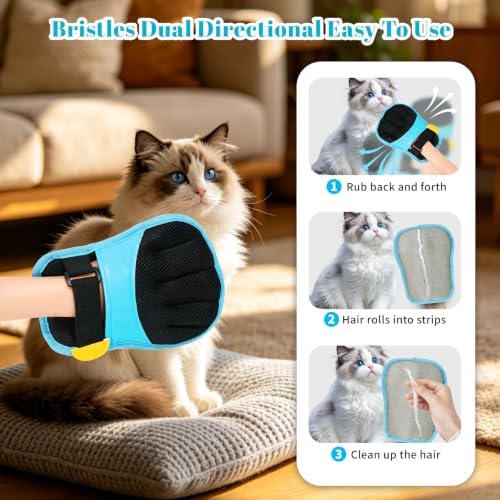 Pet Hair Removal Gloves, Blue and Black Colors, Static Hair Removal, Adjustable Strap, Reusable for Clothing, Sofa, Car Seat, Set of 2 - Image 3