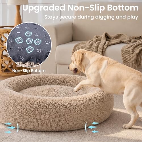JOLLYVOGUE Calming Dog Beds Extra Large Sized Dog, 45in Donut Washable Large Pet Bed, Anti-Slip & Anti-Anxiety Fluffy Faux Fur Round Dogs Bed, Fits up to 125 lbs Pets (Camel) - Image 5