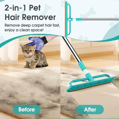 2-in-1 Carpet Rake for Pet Hair Removal, Silicone & Metal Dual-Sided Carpet Rake with 52” Telescopic Adjustable Long Handle, Pet Hair Remover Tool Kit for Rugs/Mats/Sofa Cat Dog Hair - Image 4
