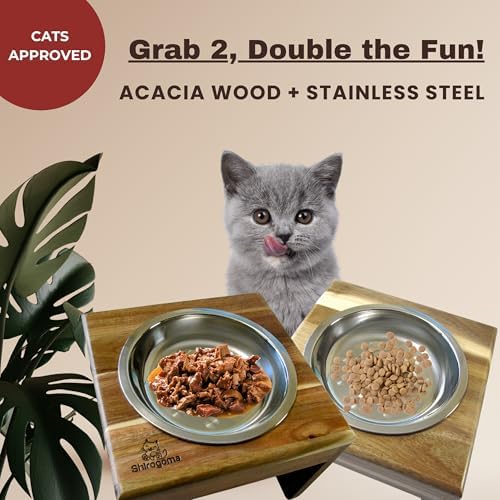 Raised Cat Bowls, 6.25 in Wide, 6" Elevated Cat Feeding Stand (with 2 Stainless Steel Bowls: 12 oz/1.5 Cup), Small Dogs, Rabbits, Anti-Vomit, Whisker Friendly, 6 x 8 x 8 in, Acacia Wood - Image 4