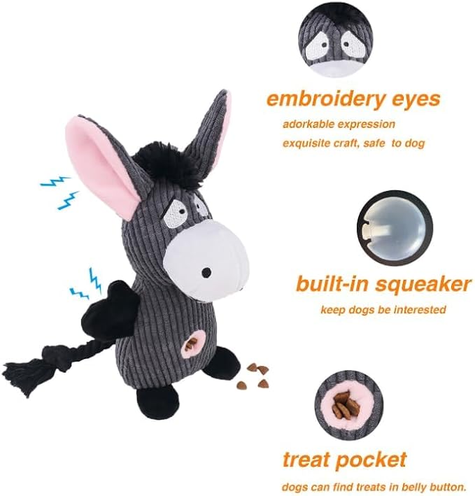 Donkey Squeaky Dog Toy with Crinkle Paper Plush Rope Dog Toy Relief Boredom Dog Toys Treats Feeder Puzzle Pet Toy for Chewer Small Medium Breed Dog