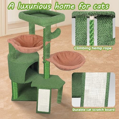 Wang Xin Three Layer Cat Tree with Cat Condo Scratch Pad and Two Hammocks,Green … - Image 3