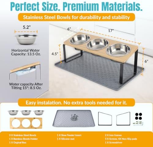 Raised Cat Food Bowls-3 Bowl Elevated Cat Feeding Station with Mat - Image 6
