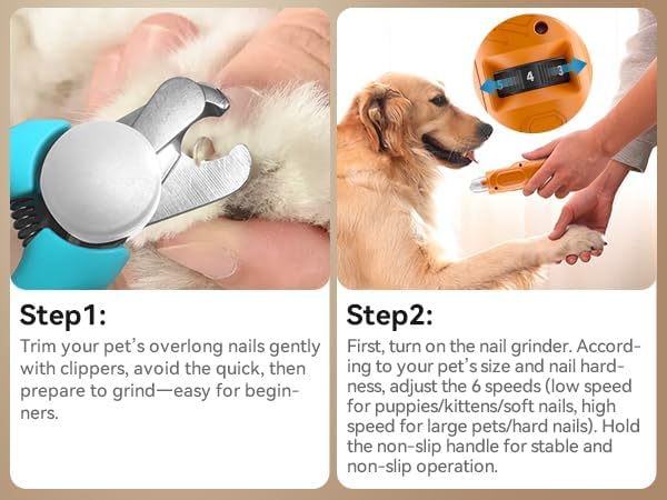 PAPIFFEED Dog Nail Grinder, Quiet 6-Speed Electric Nail Trimmer with Dual LED Light, Rechargeable for Small Medium Large Dogs, with Premium Nail Clipper (Orange Set)
