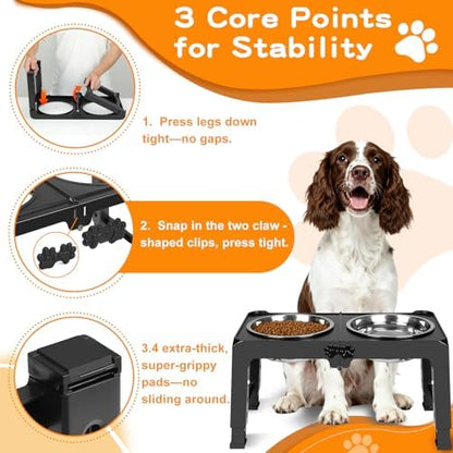 COMESOON Elevated Dog Bowls, 5 Adjustable Heights (3.9"-13.4") Raised Dogs Food Bowl Stand for Medium Large Sized Dogs, Non-Slip Foldable Travel Pet Feeder Black with Stainless Steel Bowls - Image 4