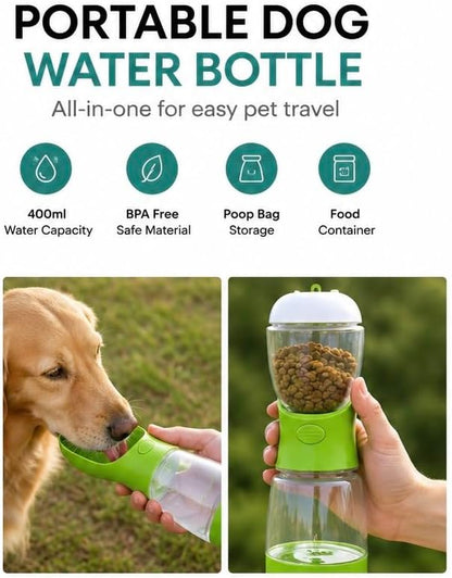 Portable Dog Water Bottle with Food Container, Leak-Proof Travel Water Dispenser, 500ml Water & 100g Food, Green - Image 2