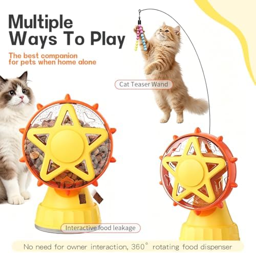 2-in-1 Interactive Cat Toy, Rotating Treat Dispenser with Strong Suction Cup & Teaser Wand, Adjustable Slow Feeder Puzzle Toy for Cats, Boredom Relief & Mental Stimulation Fits Kibble ,Treats (Yellow) - Image 5