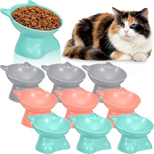 9 Pcs Plastic Raised Cat Bowls Bulk Elevated Tilted Dishes 15 Degrees Tilted Anti Vomiting Friendly Food Water Feeder Pet Slanted Stand Bowl for Indoor Cats Shelter (Cute,Vivid Color) by Yiyiring