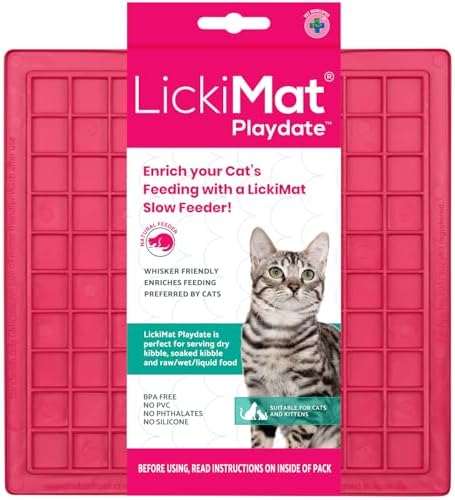 LickiMat Classic Playdate, Cat Slow Feeder Lick Mat, Boredom Anxiety Reducer; Perfect for Food, Treats, Yogurt, or Peanut Butter. Fun Alternative to a Slow Feed Cat Bowl or Dish, Pink by LICKIMAT