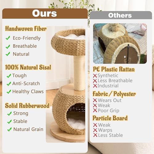 Modern Cat Tree for Indoor Small & Medium Cats, 30" H Solid Wood & Rattan Cat Tower with Handwoven Wicker Cat Bed & Cave, Ultra-Soft & Washable Cushions, Natural Sisal Scratching Posts - Image 4