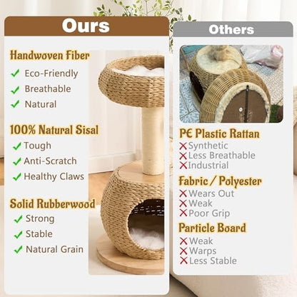 Modern Cat Tree for Indoor Small & Medium Cats, 30" H Solid Wood & Rattan Cat Tower with Handwoven Wicker Cat Bed & Cave, Ultra-Soft & Washable Cushions, Natural Sisal Scratching Posts - Image 4