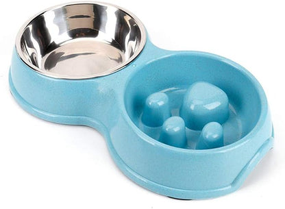 Tineer Double Pet Dog Slow Feeder Bowl,Stainless Steel Anti-Choke Puppy Food and Water Feeder for Dogs Cats (Blue)