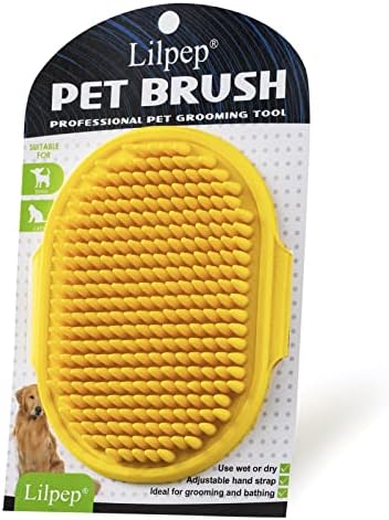 Dog Grooming Brush, Lilpep Pet Shampoo Bath Brush Soothing Massage Rubber Comb with Adjustable Ring Handle for Long Short Haired Dogs and Cats (Yellow, pack of 1) by PetSupplies