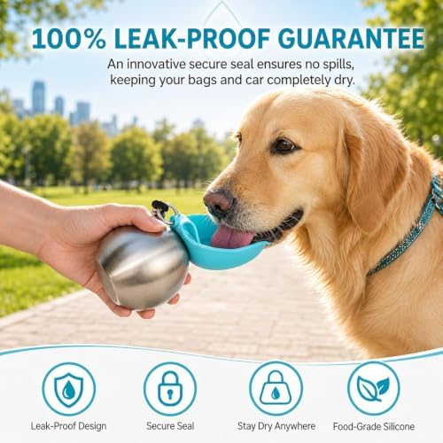 2 in 1 Portable Tumbler for Dogs, Portable Dog Water Ball, 10oz Stainless Steel Pet Water Dispenser with Silicone Foldable Bowl, Leak Proof, Portable Small Dog Water Bottle for Walking, Hiking(Pink) - Image 4