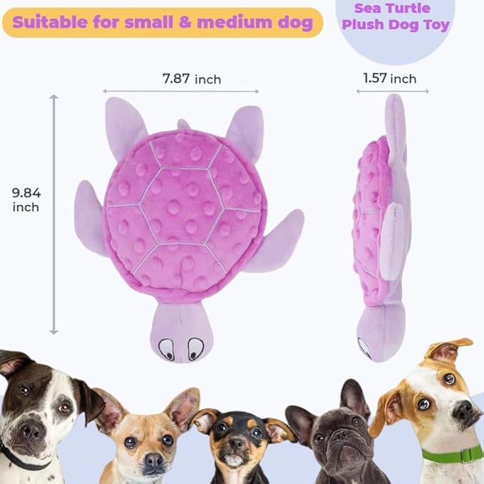 Squeaky Sea Turtle Plush Dog Toy – Durable, Interactive Chew Toy for Small Dogs – Relieves Anxiety & Teething – Keeps Puppies Busy, No Mess, Perfect for Indoor Play (Purple)