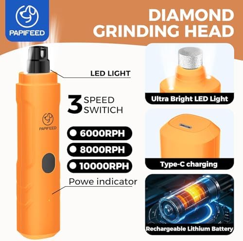 PAPIFFEED Dog Nail Clippers & Grinder with Manual Nail Clipper – Quiet 3-Speed Electric Dog Nail Trimmers with Dual LED, Rechargeable Pet Nail File for Dogs & Cats (Orange) - Image 6