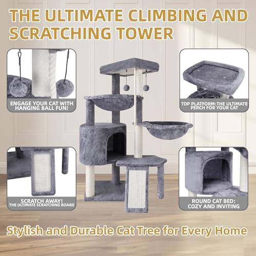 Three Layer Cat Tree with Cat Condo and Two Hammocks,Grey - Image 6