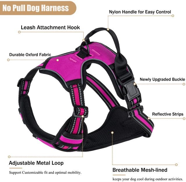 No Pull Dog Harness, Adjustable Reflective Front Clip Pet Vest with Easy Control Handle for Medium Large Dogs (Rose Red,XL) - Image 2