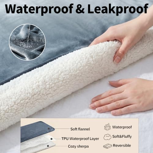 Sunheir Waterproof Blanket for King Size Bed, 108"x86" Reversible Soft Sherpa Fleece Flannel Throw, Leakproof Spill-Proof Dog Pet Blanket, Furniture & Sofa Protector, Camping, Travel, Grey - Image 2