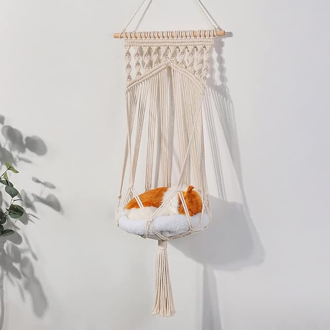 Macrame Cat Hammock Bed, Hanging Indoor Cat Bed, Ceiling Catio Swing for Playing Sleeping Climbing and Lounging