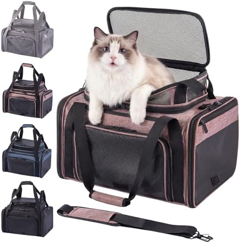 Cat Carrier Soft Sided, Expandable Pet Carrier for Medium Small Pets, Collapsible Travel Carrier with Hard Shell, 360° Panoramic Mesh, Washable Waterproof Pad | – 17.3×13.8×9.4 (Pink) by Unknown
