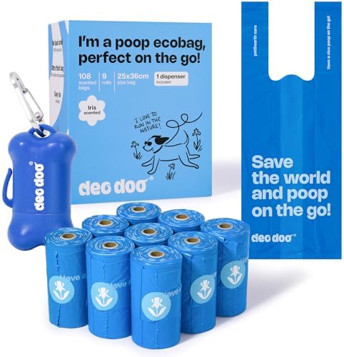 Deo Doo Dog Poop Bags with Handles & Holder, 9 Rolls 108 Count, Iris Scent by DeoDoo