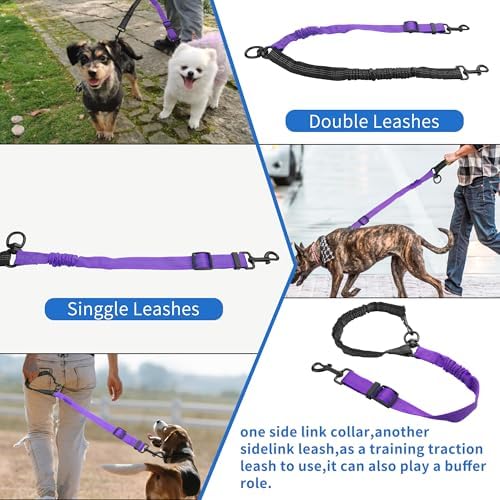 YAODHAOD Double Dog Leash,Two Dog Leash Splitter, No Tangle 360° Swivel Rotation Reflective Lead, Adjustable Length Bungee Heavy Duty Walking Training Dual Extension (Black + Purple) - Image 4