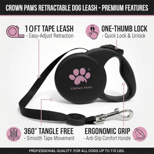 Retractable Dog Leash (Small), 10ft Heavy Duty Nylon Tape for Dogs up to 33 lbs, One-Hand Brake & Lock, Tangle-Free, Compact Lightweight Design, Black S GC-DAN - Image 5