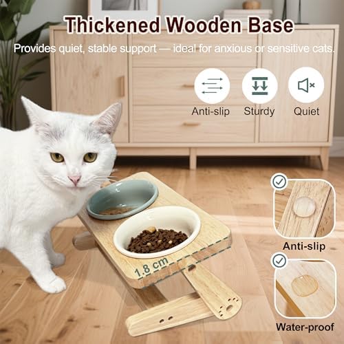Elevated Cat Bowl, 12 Ounce Ceramic Raised Cat Bowl for Dry and Wet Food, 2 Dishs with Adjustable Wood Stand, for Indoor Kitten, Cats and Puppy, Dishwasher Safe (Cream+Green - Image 6