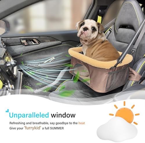 ROODO Dog Car Booster Seat with Safety Leash and Foldable Metal Frame for Small Pets up to 20 lbs Height-Adjustable Portable Puppy/Cat Car Seats with Plush Thick Cushion Mesh Window(Khaki) - Image 5