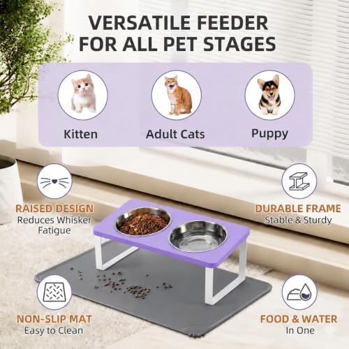Summark Upgraded Elevated Cat Bowls with Food Mat,15°Tilted Stand Anti Vomiting Raised Cat Dishes for Food and Water,2 Stainless Steel Bowls for Cats and Puppy（Lavender） - Image 7