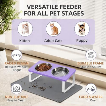 Summark Upgraded Elevated Cat Bowls with Food Mat,15°Tilted Stand Anti Vomiting Raised Cat Dishes for Food and Water,2 Stainless Steel Bowls for Cats and Puppy（Lavender） - Image 7
