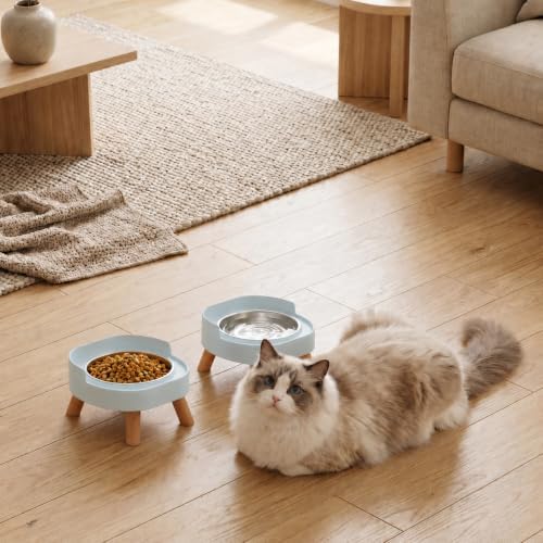 Elevated Cat Bowls, 2P Raised Cat Food and Water Bowl Set for Indoor Cats, Splash Proof with 2 Stainless Steel Pet Food Bowls for Cats ＆ Puppies, Whisker Friendly and Dishwasher Safe - Blue - Image 7