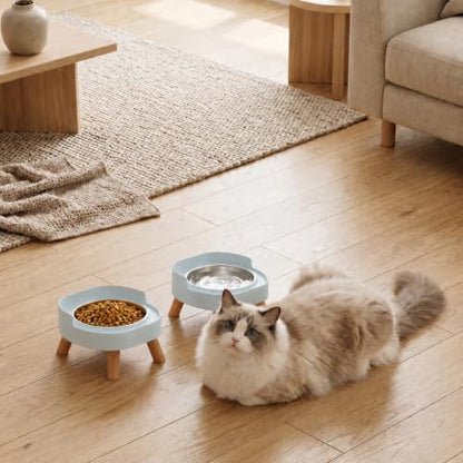 Elevated Cat Bowls, 2P Raised Cat Food and Water Bowl Set for Indoor Cats, Splash Proof with 2 Stainless Steel Pet Food Bowls for Cats ＆ Puppies, Whisker Friendly and Dishwasher Safe - Blue - Image 7