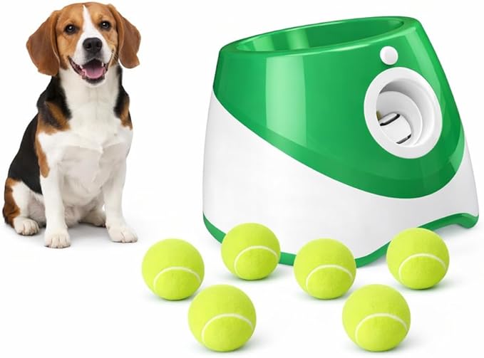 Automatic Dog Ball Launcher with 6 Tennis Balls, Adjustable 10/20/30 FT Distance, Interactive Fetch Machine for Small to Medium Dogs, Green