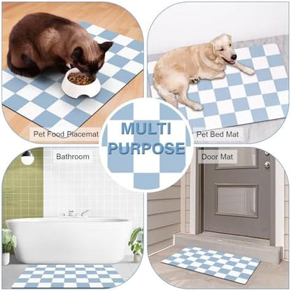 Pet Feeding Mat, 16"x 24" Absorbent Dog Food Mat, Checkered Cat Bowl Mats, Easy to Clean Pet Placemats, Quick Dry Dog Water Dispenser Mats for Messy Drinkers, Blue & White - Image 6