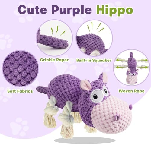 TOOPTATE Hippo Squeaky Dog Toy, Purple, Medium - Image 2