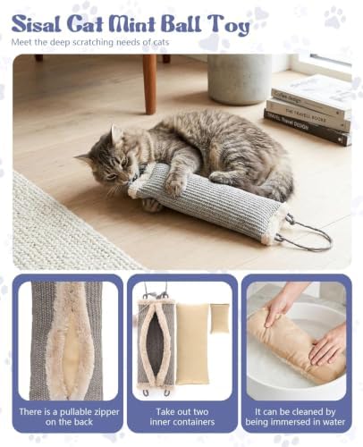 16.5" Sisal Catnip Kicker Toy for Indoor Cats,Heavy Duty Cat Scratching Pillow with 24" Bonus Rope,Washable & Refillable Catnip Toy for Aggressive Kickers,Chewing & Teething, Sisal Mat Texture (Grey) - Image 4