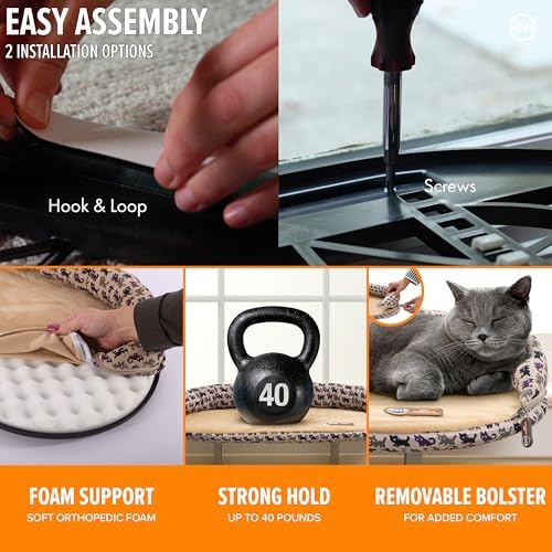 K&H Cat Window Perch, Deluxe Bolster Kitty Sill, 24x14in, Tan/Kitty Print - Image 5