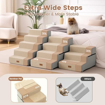 Gardner Pet Dog Stairs for Small Dogs 14" H, 3-Step Extra Wide Dog Steps for Bed, Pet Stairs for Bed and Couch with Durable Non-Slip Waterproof Fabric Cover and Soft Foam, Beige - Image 2