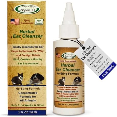 Herbal Ear Cleanser for Dogs & Cats - No-Sting Formula Gently Cleanses Ears, Removes Wax & Debris, Supports Healthy Ear Care, Calming Grooming Supplies for Pets, 2oz Bottle by MadAboutOrganics