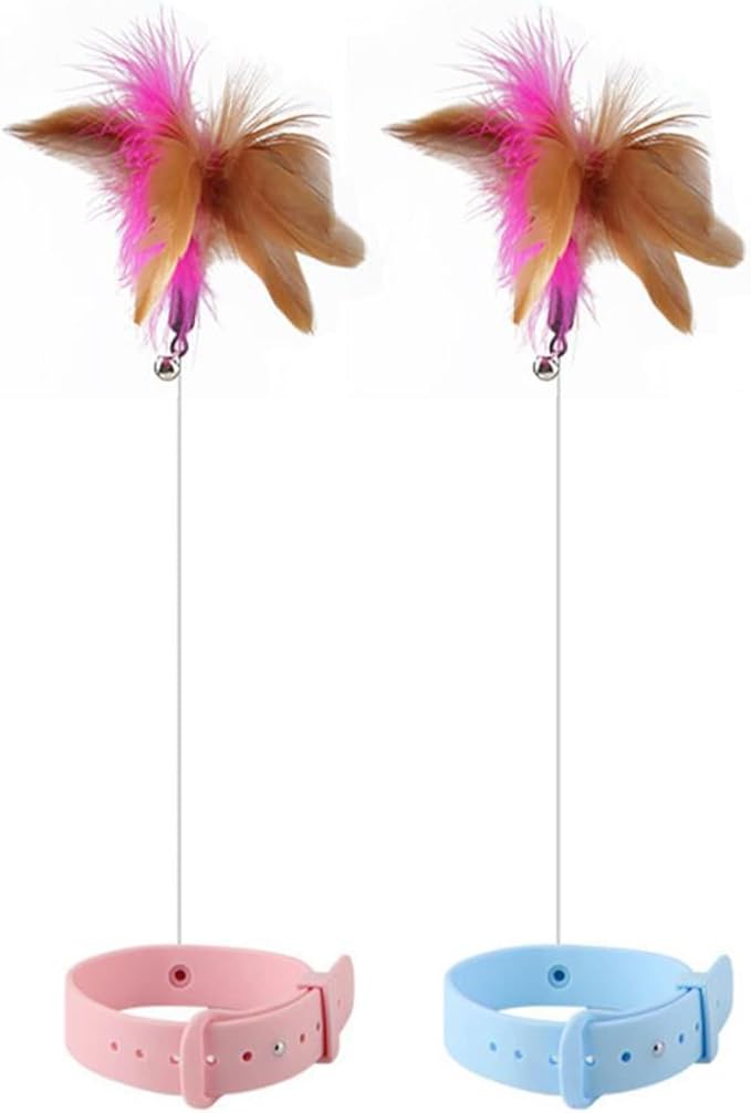 Interactive Cat Toy, Cat Teaser Wand, Silicone Collar, Feather Toys for Kitten Play, Blue