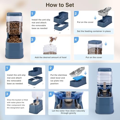 2 Pack Automatic Cat Feeder and Water Dispenser 1.3Gallon Dog Gravity Food Feeder and Water with Ice Pack Stainless Steel Dry Food and Waterer Bowl for Small Medium Large Pets (Blue) - Image 4
