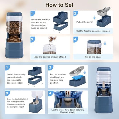 2 Pack Automatic Cat Feeder and Water Dispenser 1.3Gallon Dog Gravity Food Feeder and Water with Ice Pack Stainless Steel Dry Food and Waterer Bowl for Small Medium Large Pets (Blue) - Image 4