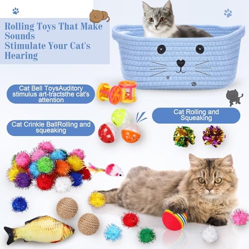 Zopeal 58 Pcs Cat Toy Set with Storage Basket Indoor, Light Blue, 9.8 Inch - Image 3