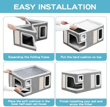 Large Cat Houses for Indoor Cats, Extra Wide Cat Cave Bed with Scratch Pad and Fluffy Ball, Foldable Cat Hideaway Condo for Large Cats, Modern Kitten Bed,23x16x13 inches (Grey, X-Large) - Image 6