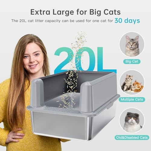 WoofiGo Enclosed Stainless Steel Cat Litter Box with Lid, XL Extra Large Litter Box for Big Cats, Metal Litter Pan High Sided, Never Absorbs Odors, Anti-Urine Leakage, Include Scoop (SH-Light Gray) - Image 3